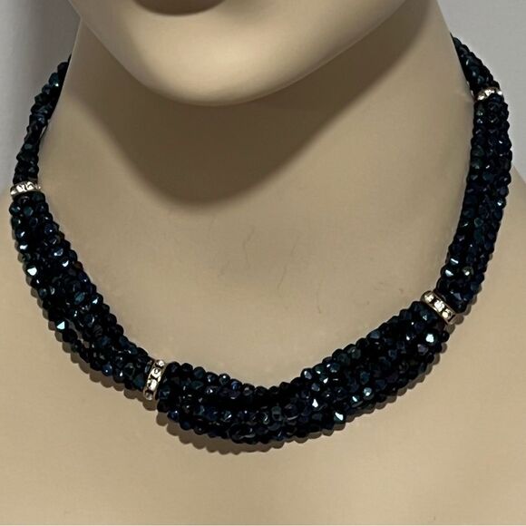 Vintage Iridescent‎ Blue Beaded Diamondesque Rope Choker Necklace - Picture 11 of 11